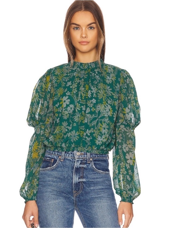 Free People Tops - Free People Green Floral Sheer Sleeve Clarissa Print Top
